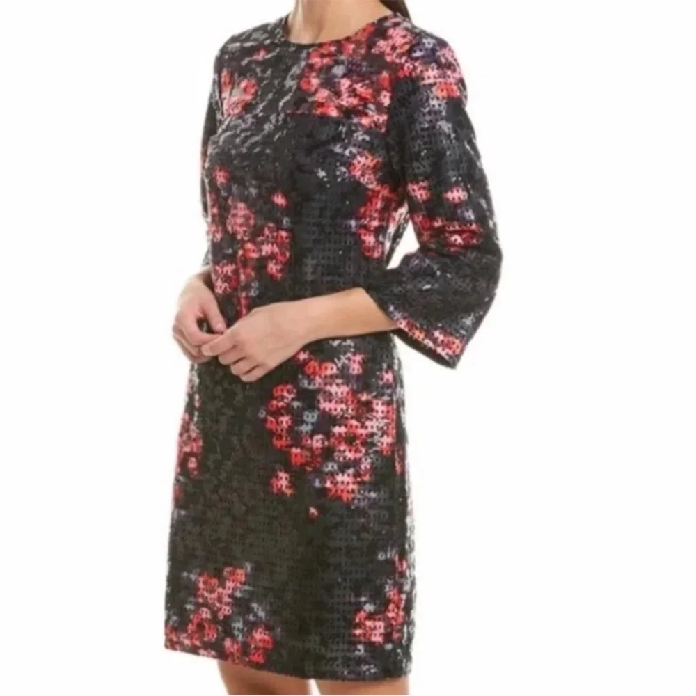 Trina‎ Turk Floral Sequin Party Dress Black Pink 3/4 Sleeves Size 2 Dressy - Picture 2 of 13